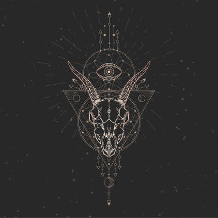 Vector illustration with hand drawn Goat skull and Sacred geometric symbol on black vintage background. Abstract mystic sign. Gold linear shape. For you design and magic craft.のイラスト素材