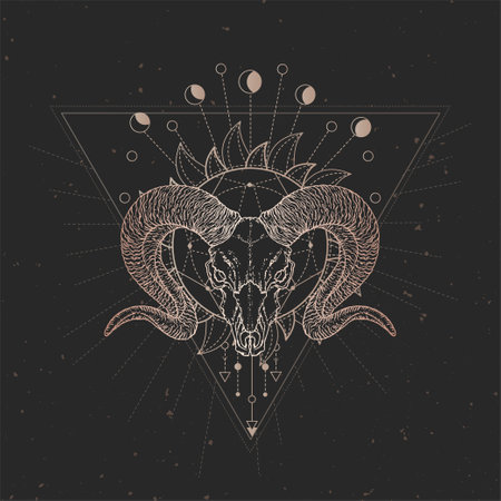 Vector illustration with hand drawn Wild ram skull and Sacred geometric symbol on black vintage background. Abstract mystic sign. Gold linear shape. For you design and magic craft.のイラスト素材
