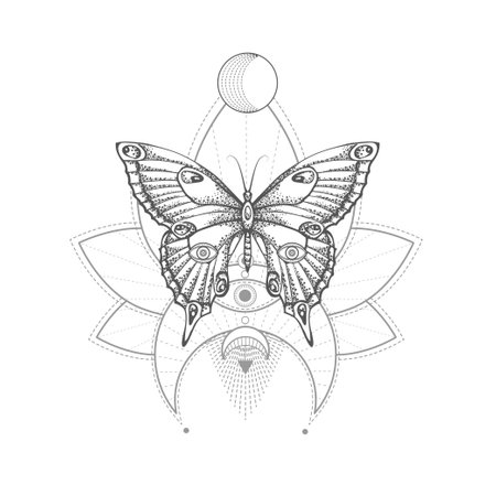 Vector illustration with hand drawn butterfly and Sacred geometric symbol on white background. Abstract mystical sign. black linear shape. For you design, tattoo or magic craft.のイラスト素材