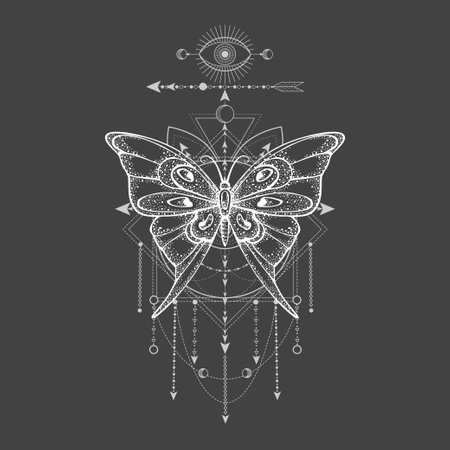 Vector illustration with hand drawn butterfly and Sacred geometric symbol on black background. Abstract mystical sign. White linear shape. For you design, tattoo or magic craft.のイラスト素材