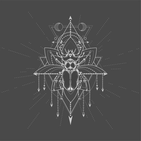 Vector illustration with hand drawn Stag Beetle and Sacred geometric symbol on black background. Abstract mystical sign. White linear shape. For you design, tattoo or magic craft.のイラスト素材