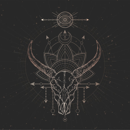 Vector illustration with hand drawn Wild buffalo skull and Sacred geometric symbol on black vintage background. Abstract mystical sign. gold linear shape. For you design and magic craft.のイラスト素材