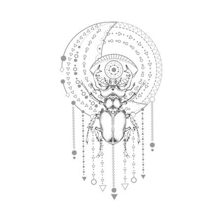 Vector illustration with hand drawn stag beetle and Sacred geometric symbol on white background. Abstract mystical sign. black linear shape. For you design, tattoo or magic craft.のイラスト素材