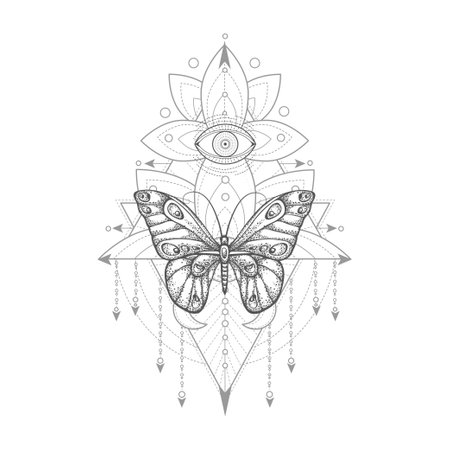 Vector illustration with hand drawn butterfly and Sacred geometric symbol on white background. Abstract mystical sign. black linear shape.のイラスト素材