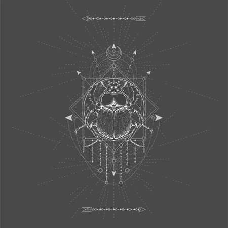 Vector illustration with hand drawn Scarab and Sacred geometric symbol on black background. Abstract mystical sign. White linear shape.のイラスト素材