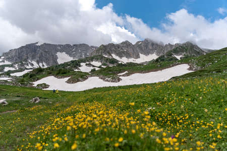 spring landscape high snowy mountains in Adygea. soft focus.の写真素材