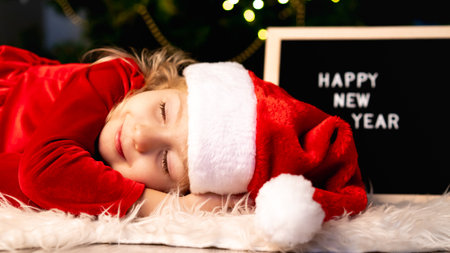a little girl in a Christmas costume and Santa Claus hat is sleeping under the tree waiting for a...