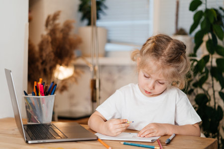 serious girl laughing at her laptop and doing homework in a notebook, home learning concept in the covid 19 pandemicの写真素材