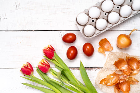 Easter eggs are painted with natural egg dye from fruits and vegetables, eggs are painted with onion...