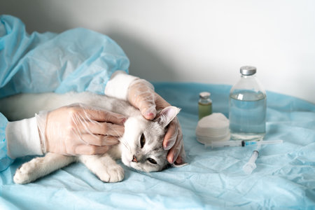 white thoroughbred cat at the reception of the veterinarian, lies on the table, the doctor examined the ears of the animal.の写真素材