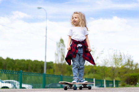 Little blonde girl on a skateboard in the city.の写真素材