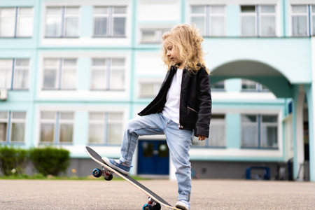 Little blonde girl on a skateboard in the city.の写真素材