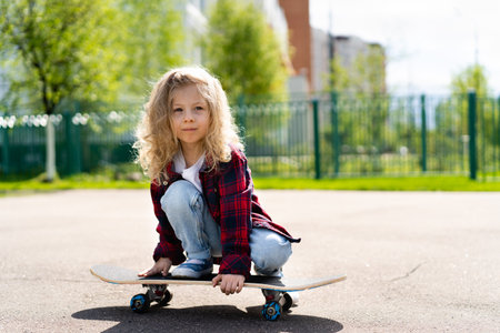 Little blonde girl on a skateboard in the city.の写真素材