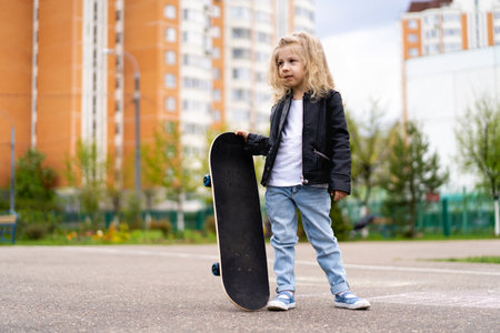 Little blonde girl on a skateboard in the city.の写真素材