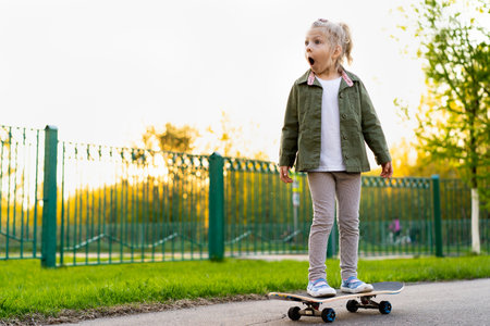 Little blonde girl on a skateboard in the city