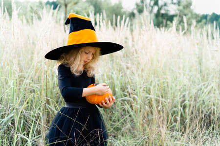 little blonde girl in a black suit and witch hat, Halloween with a pumpkin in her handsの写真素材