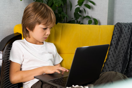 little boy at home with laptop, learning onlineの写真素材