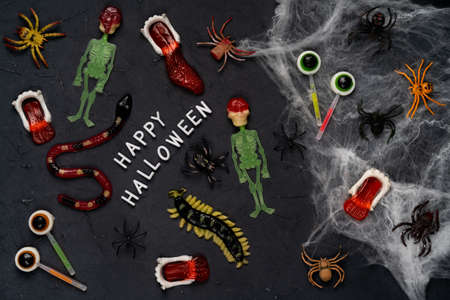 spider web, snakes, insects made of candy and marmalade on a black background, Halloween, top view