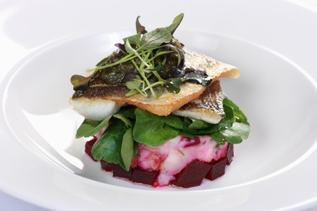 Pan-fried sea bass on a bed of crushed potato and beetroot with watercress saladの写真素材