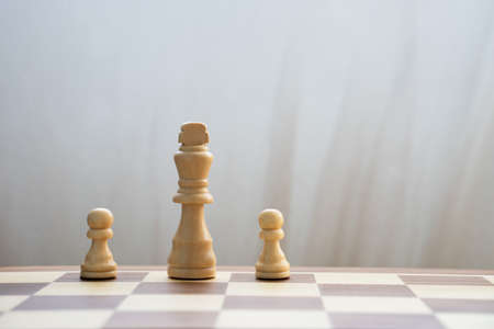 White king and pawns pieces on wooden chess board on light background. Psychology of relationships and social dynamics, bullying or corporate structureの写真素材