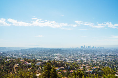 Los Angeles city panorama and downtown LA California. Bright sunny day in Hollywood