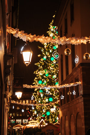 STRASBOURG, FRANCE - December 2021 - Christmas tree and street decorations in the city centre Place Kleberのeditorial素材