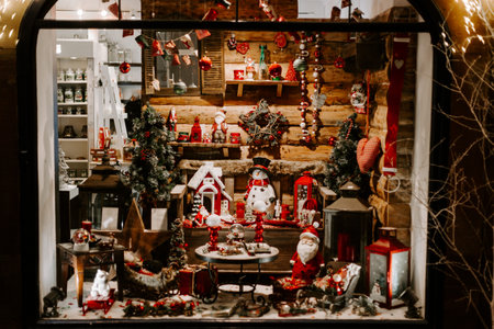 STRASBOURG, FRANCE - December 2015 - Gift shop with Christmas decorations with snowmen and Santa Clausのeditorial素材