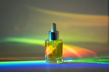 Yellow face oil with a dropper glass bottle in front of yellow rainbow prism background. Side viewの写真素材