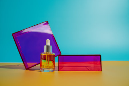 yellow face oil in glass bottle with dropper on yellow and blue background with pink and purple...