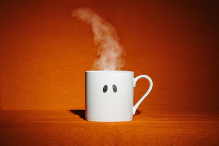 White mug with sparkly spooky ghost eyes and hot steam on orange background. Creative minimalist Halloween wallpaperの写真素材