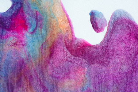 Abstract vibrant multi-color wet paint swirl on white textured paper background. Purple orange and pink neon colorsの写真素材