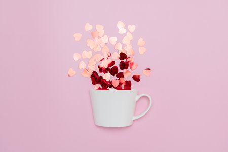 Creative minimalist composition of a white coffee cup spilling heart-shaped confetti, set against a pink background, symbolizing love and warmth.の写真素材