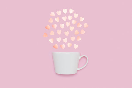 Creative minimalist composition of a white coffee cup spilling pastel heart-shaped confetti, set...