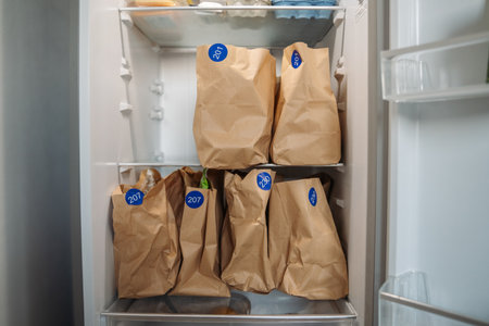 Groceries in brown paper bags in the fridge
