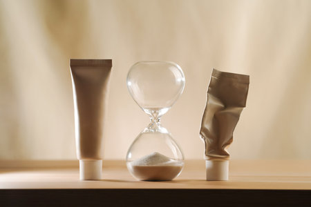 Hourglass with no time left and empty and full cream tubes. Minimalist beige skincare aging concept