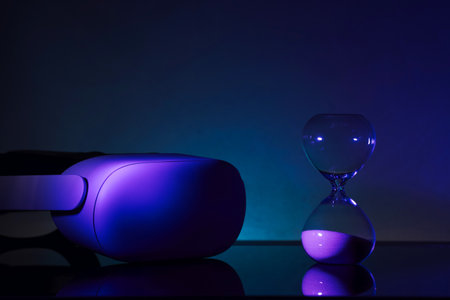 Creative composition featuring a glowing VR headset paired with an hourglass, symbolizing technology...