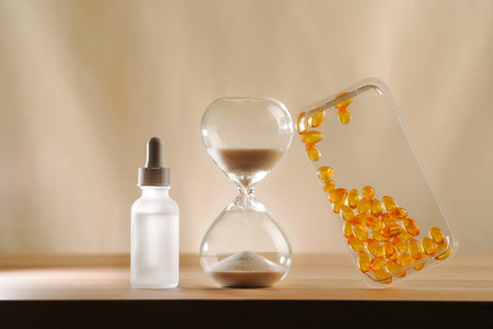 A modern still life featuring skincare products with an hourglass, embodying timeless beauty and...
