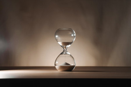 A simple hourglass on a wooden table with a beige backdrop, symbolizing time flow and minimalistic...