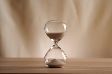 A simple hourglass on a wooden table with a beige backdrop, symbolizing time flow and minimalistic...