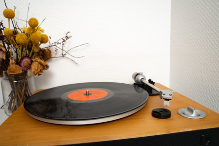 Vinyl record resting on a turntable in a home interior. Simple everyday music scene showing casual...