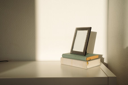 Empty silver photo frame resting on a stack of old books in direct sunlight. Casual home interior scene showing simple decor and vintage objects. Concept of home, interior, lifestyle, minimal, vintageの写真素材