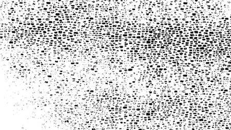Monochrome texture composed of irregular graphic elements. Distressed uneven grunge background. Abstract vector illustration. Overlay for interesting effect and depth. Isolated on white background.のイラスト素材