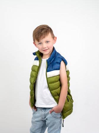 Blonde boy with blue eyes in white t-shirt, green, blue and white vest and jeans, posing for the photo.の写真素材