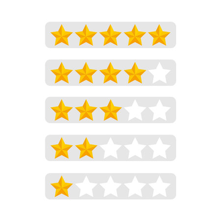 vector yellow stars of the rating system on a white background. Abstract neumorphism material design star set of achievements rank scale. Customer Product Rating Review. Vector illustrationのイラスト素材