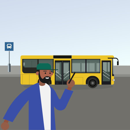 African-American young man with a phone standing near the bus on the background of the city. Vector flat design illustration.のイラスト素材