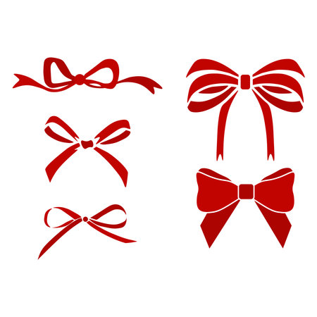 Gift bows silk red ribbon with a decorative bow. Realistic luxury holiday satin ribbon for decoration or holiday packaging Vector illustrationのイラスト素材