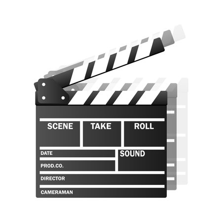 Black open clapperboard. Realistic vector illustration. Movie clapper board. Movie logo. Clapper icon. Movie icon. Clapper vector logo. Movie iconのイラスト素材