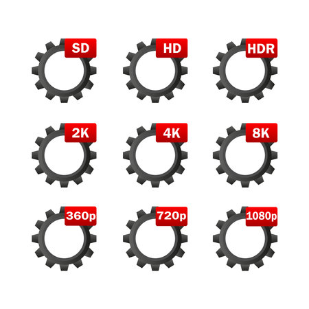 Video quality icon set. Collection of gear settings. 144p, 240p, 360p, 480p, 720p, 1080p and HD quality.のイラスト素材