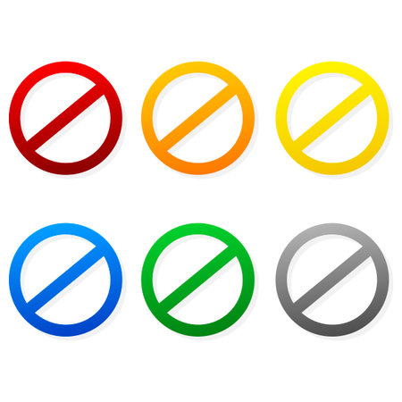 Prohibition signs of different colors isolated on white background for placement inside. Vector illustrationのイラスト素材