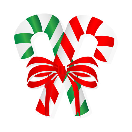 Two striped candy sticks with a red bow. Christmas sweets. Vector illustrationのイラスト素材